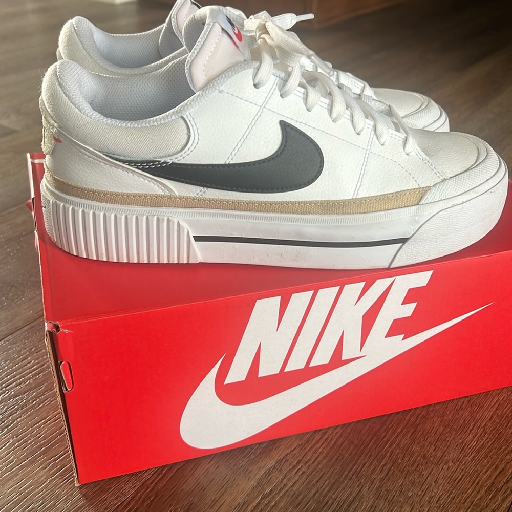 Nike Women’s White Sneakers with Gray Swoosh and Tan Accent